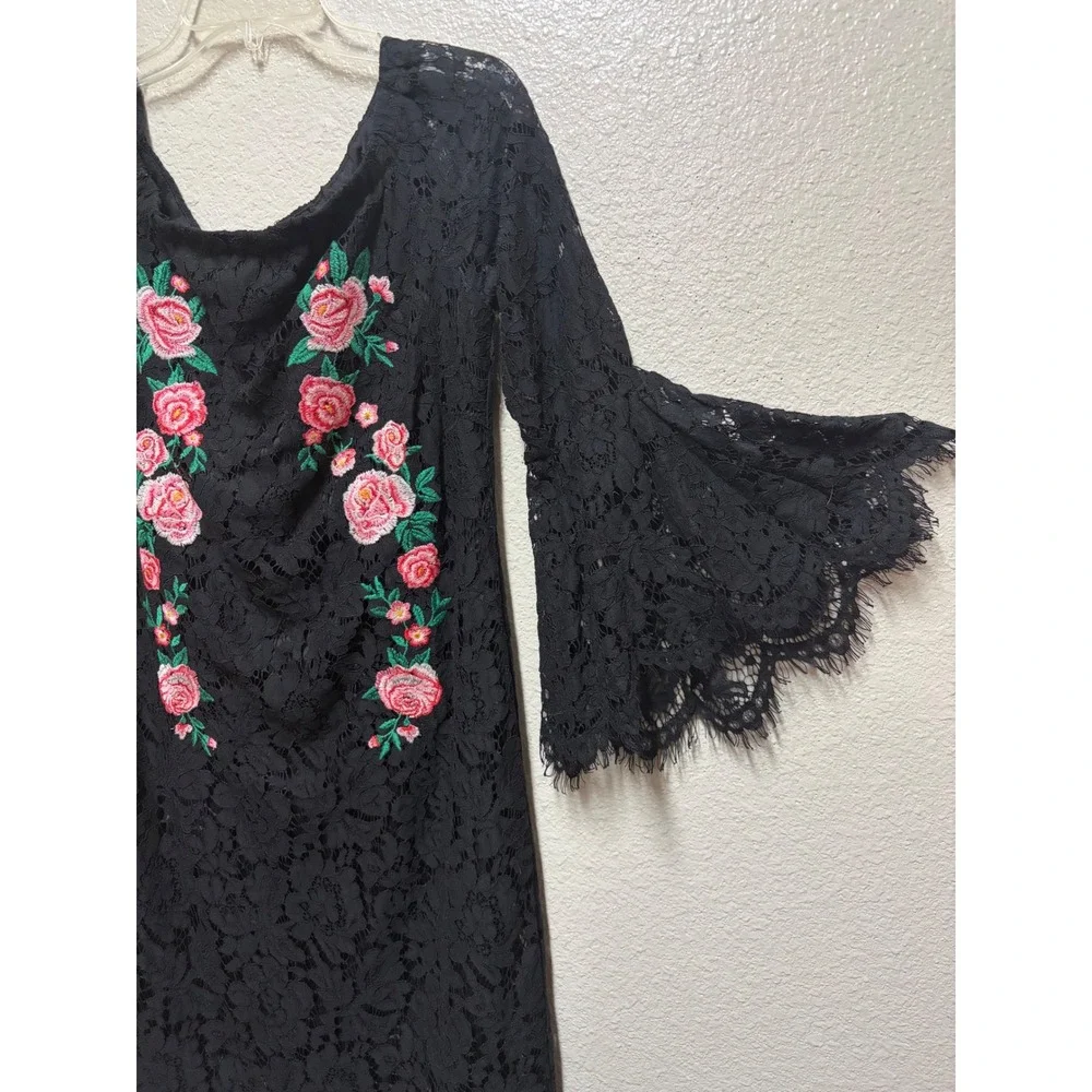 Umgee USA Black Lace Floral Embroidered Bell Sleeve Sheath Dress L5047 Large